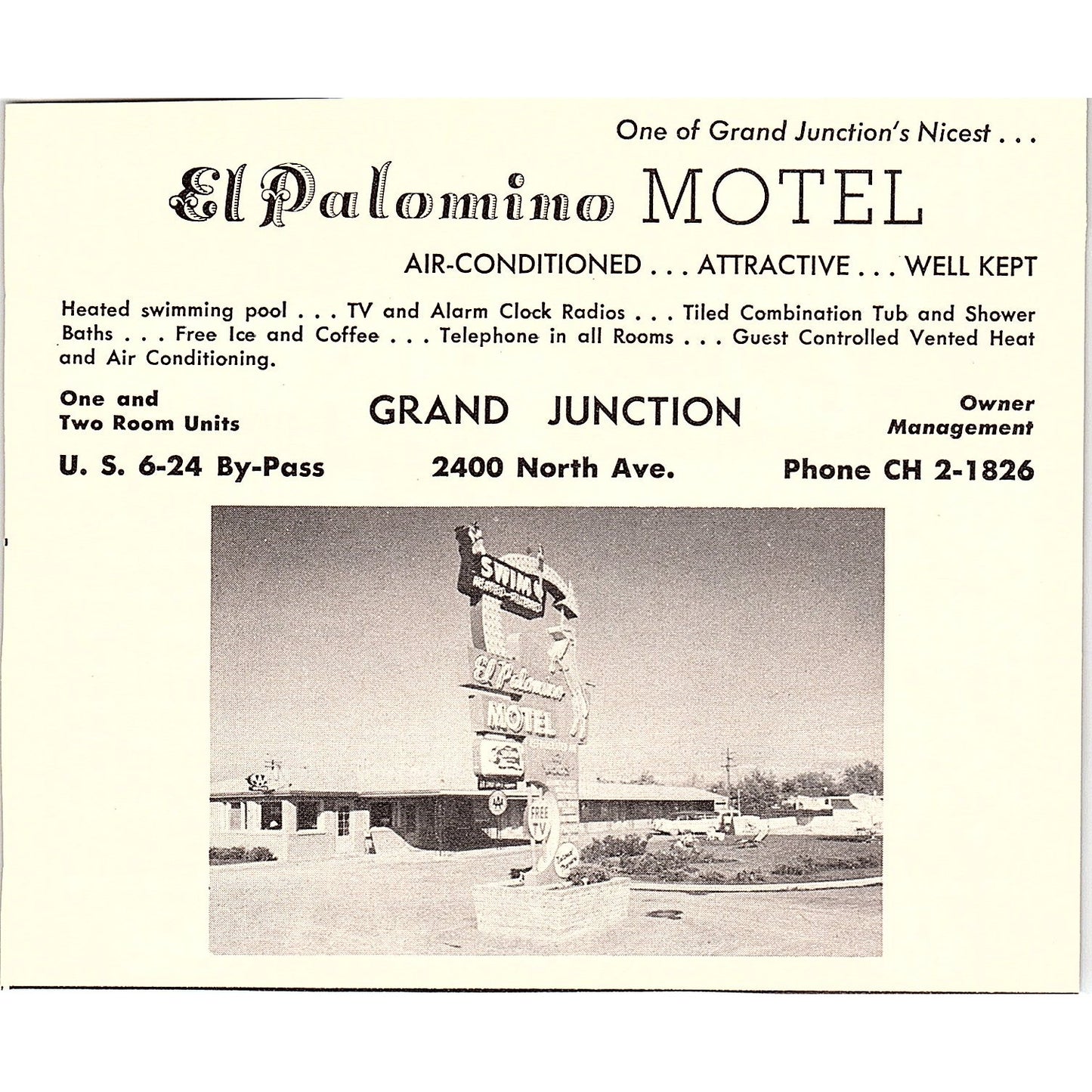 Frontier Motor Lodge, El Palomino Motel Grand Junction CO 1958 Ad AG1-H2