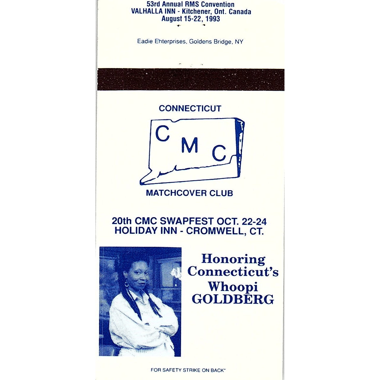 Whoopi Goldberg Connecticut Matchcover Club 1993 Vintage Matchbook MM4-10