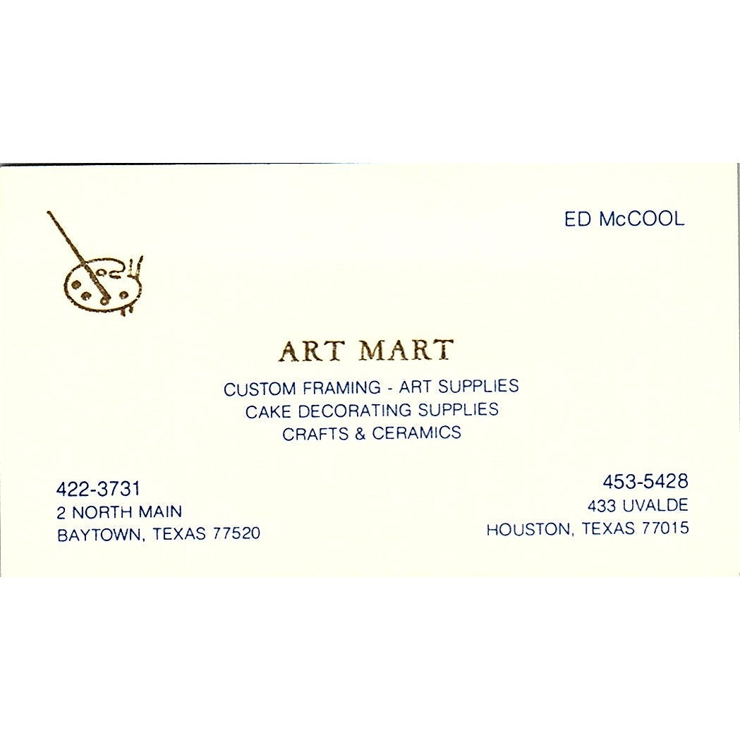 Ed McCool Art Mart Baytown Houston TX Vintage Business Card SE3-B12