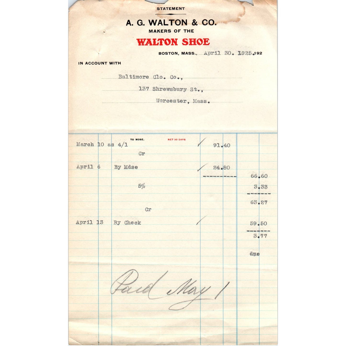 A.G. Walton & Co Walton Shoe Boston 1920s Original Billhead Letterhead D8-LL