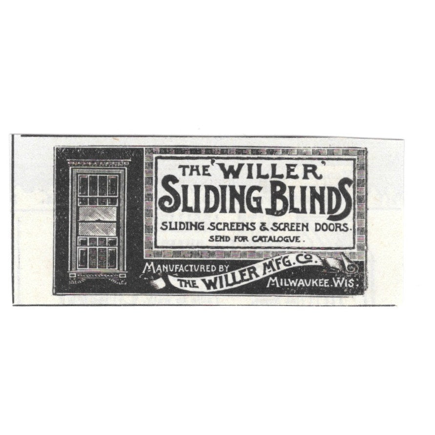Willer Mfg Co "Willer" Sliding Blinds Screen Doors Milwaukee WI 1892 Ad AG2-S20