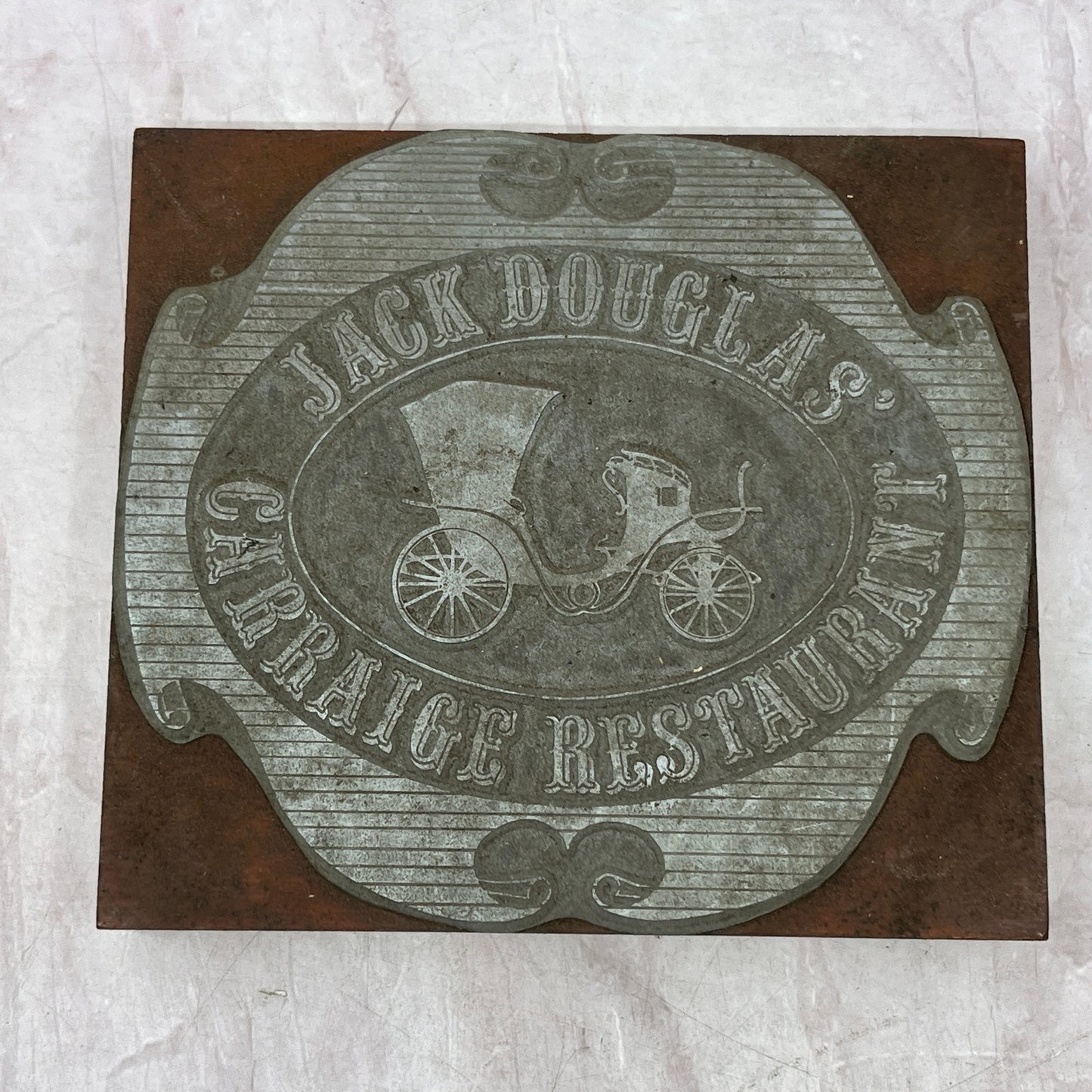 Jack Douglas' Carriage Restaurant Large Vtg Letterpress Printers Block Plate TH2