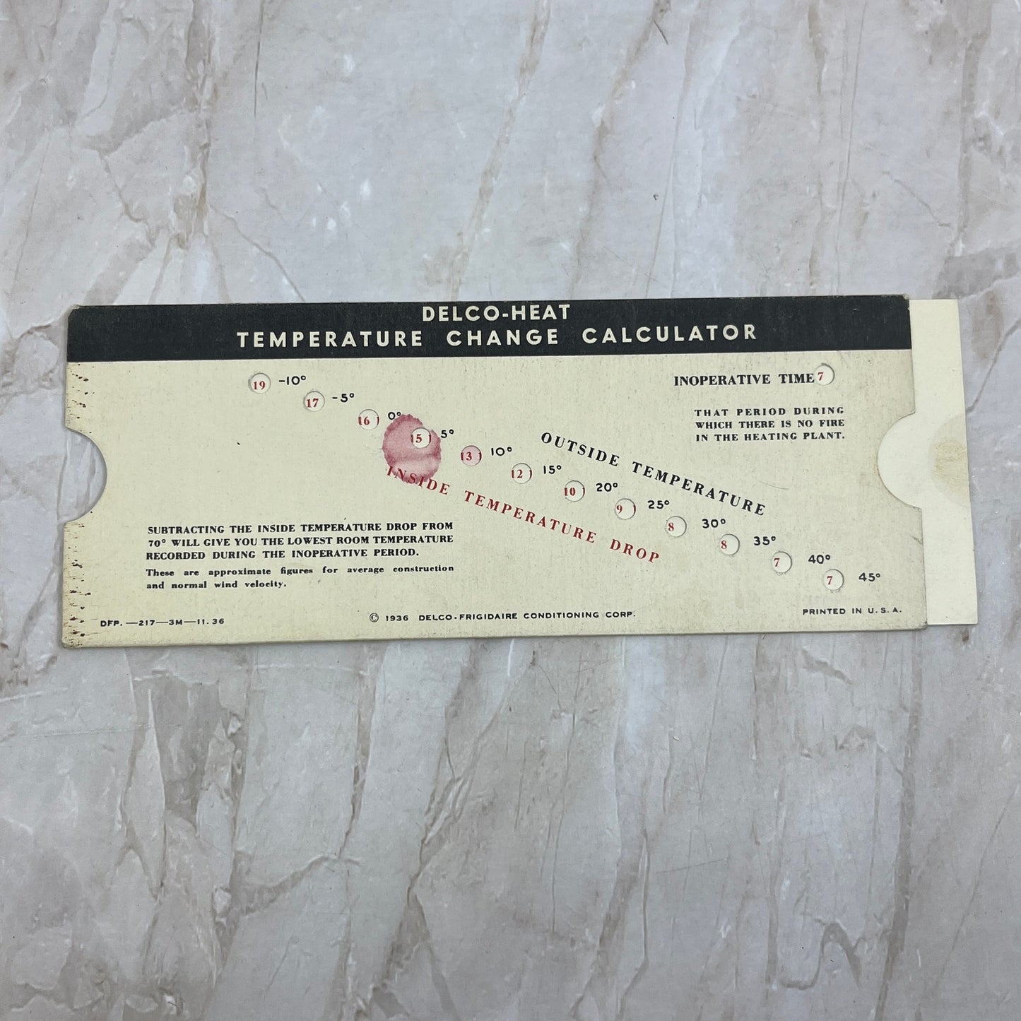 1936 Delco-Heat Temperature Change Calculator Slide Card Delco-Frigidaire H4-1
