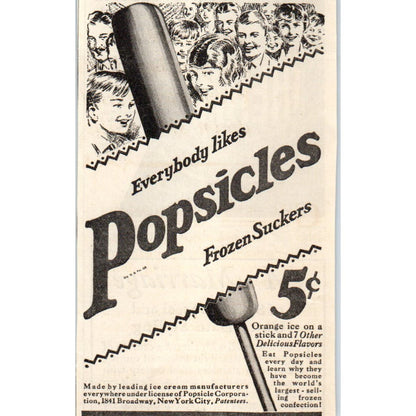 Popsicles Frozen Suckers New York City 1928 Original Advertisement AE5-SSE