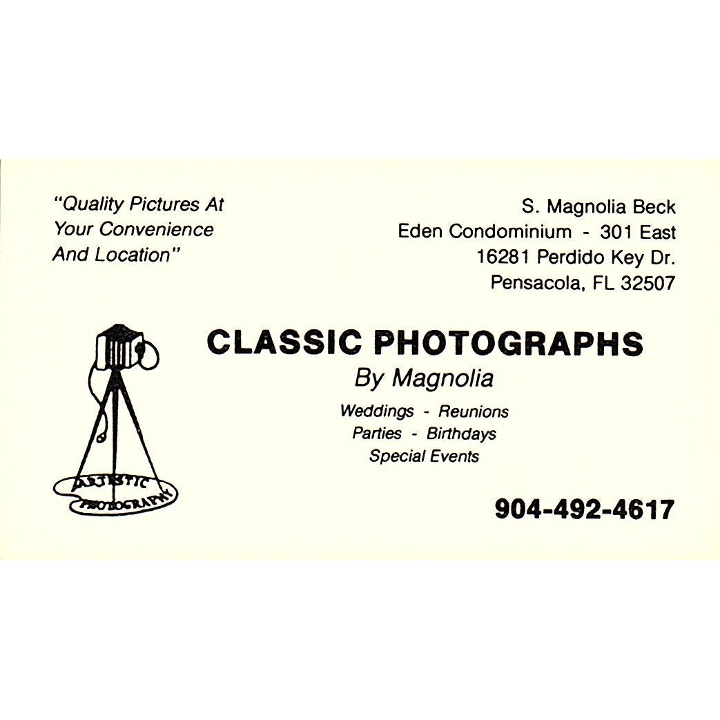 S. Magnolia Beck Classic Photographs Pensacola FL Vintage Business Card SD9-B9