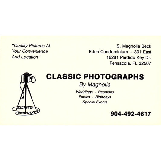 S. Magnolia Beck Classic Photographs Pensacola FL Vintage Business Card SD9-B9