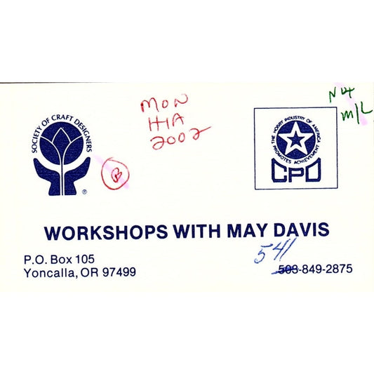 Workshops with May Davis Yoncalla OR Vintage Business Card SC9-B11