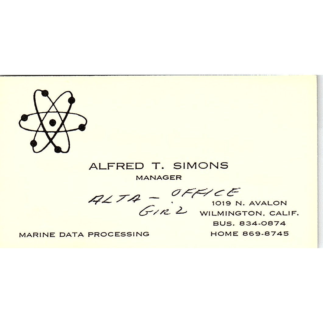 Alfred T Simons Marine Data Processing Wilmington Vintage Business Card SD9-B9