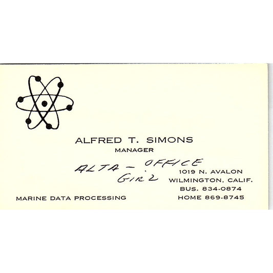 Alfred T Simons Marine Data Processing Wilmington Vintage Business Card SD9-B9