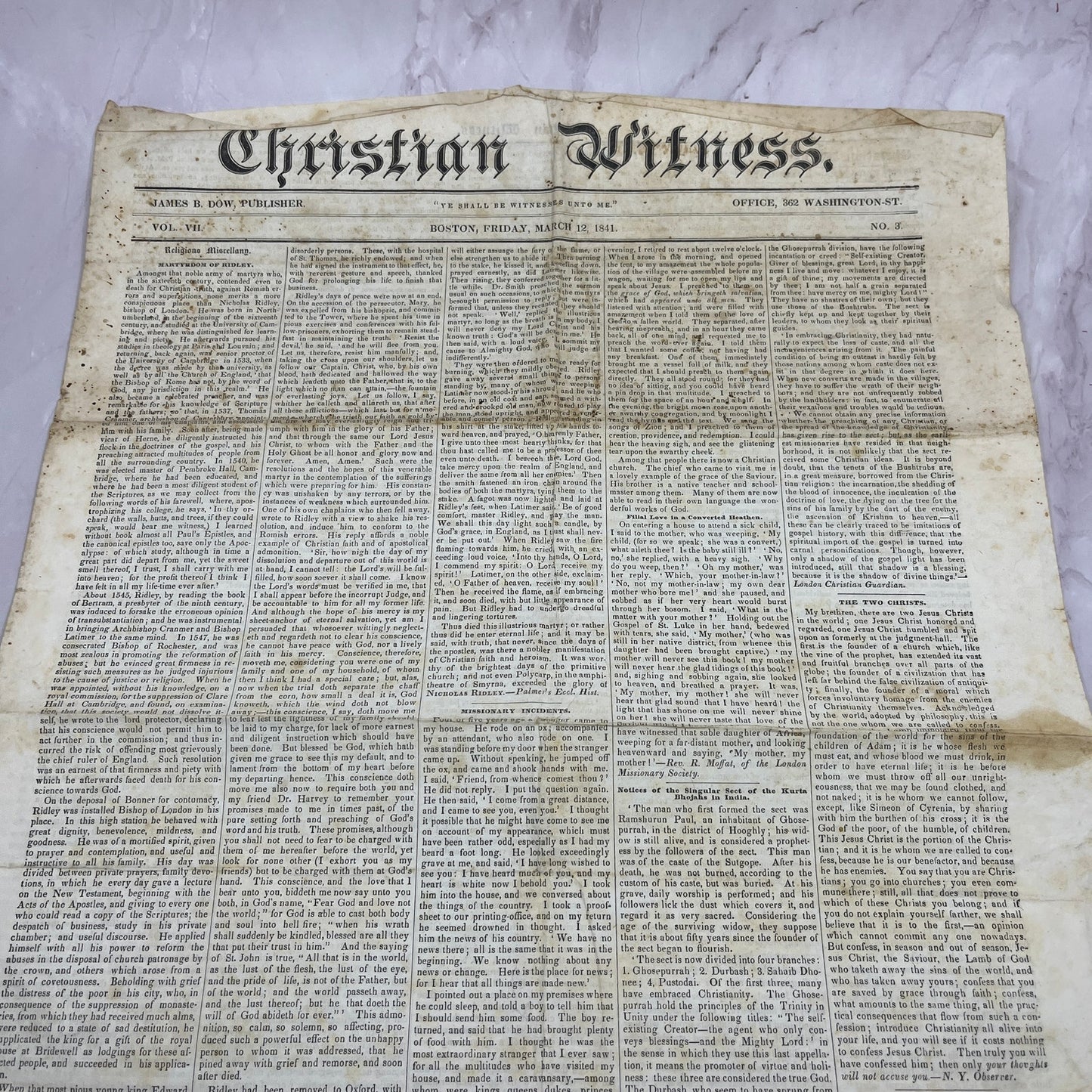 1841 March 12 Original Christian Witness Newspaper Boston MA V14-5