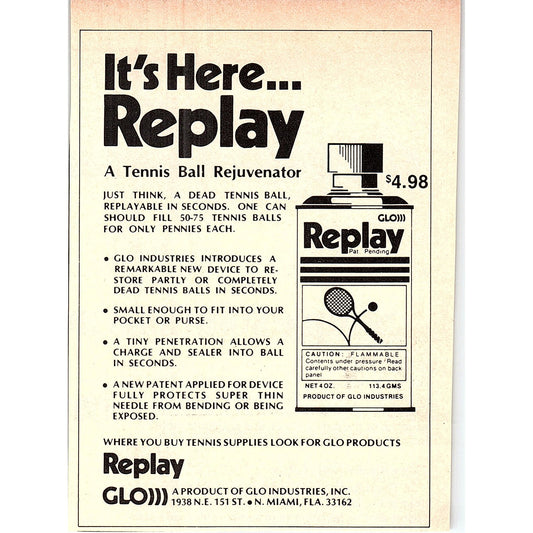 Glo Replay Tennis Ball Rejuvenator Miami FL 1977 Ad AF3-M1