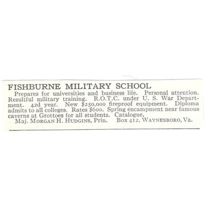 Fishburne Military School Maj. Morgan H. Hudgins Waynesboro VA c1918 Ad AE5-SV4