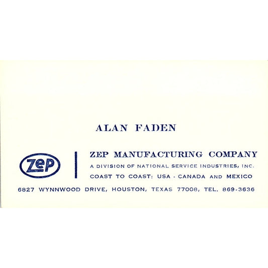 Alan Faden Zep Mfg Co Houston TX Vintage Business Card SD9-B5