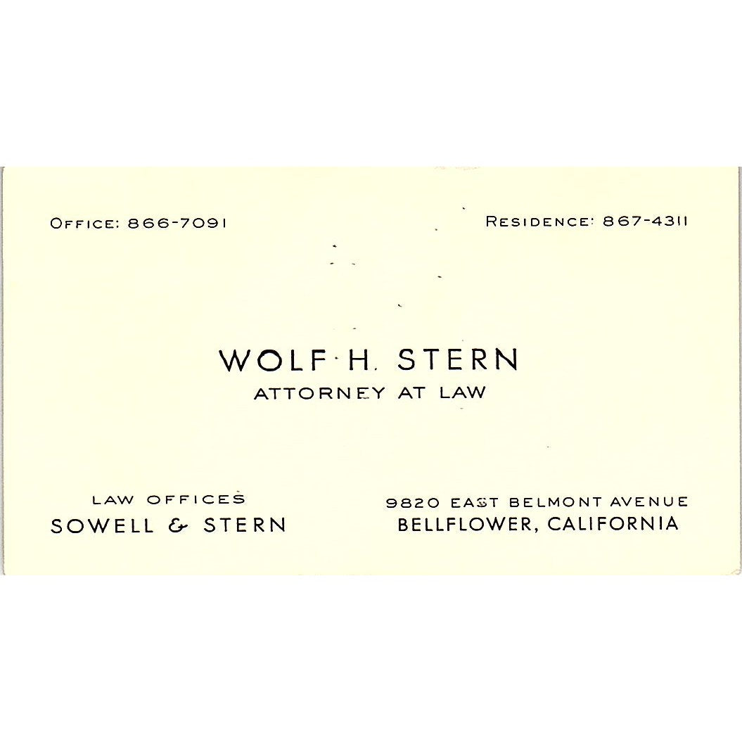 Wolf H Stern Attorney Bellflower CA Vintage Business Card SE3-B12