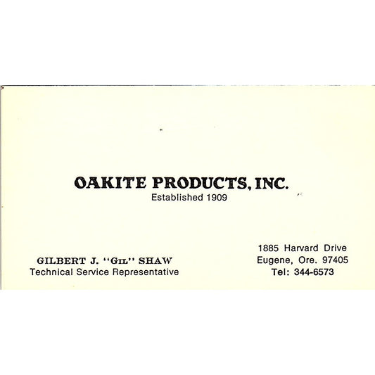 Oakite Products Inc Gilbert J Gil Shaw Eugene OR Vintage Business Card SD9-B4