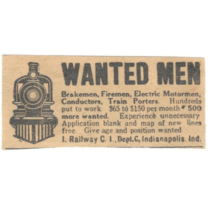 Railroad Workers Wanted I Railway C.I. Indianapolis 1910 Magazine Ad AF1-SS6