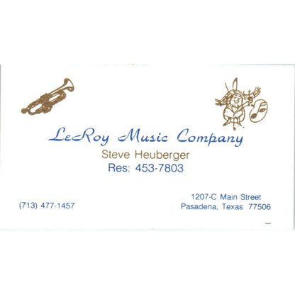 LeRoy Music Company Steve Heuberger Pasadena TX Vintage Business Card SD8-B20