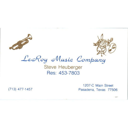 LeRoy Music Company Steve Heuberger Pasadena TX Vintage Business Card SD8-B20