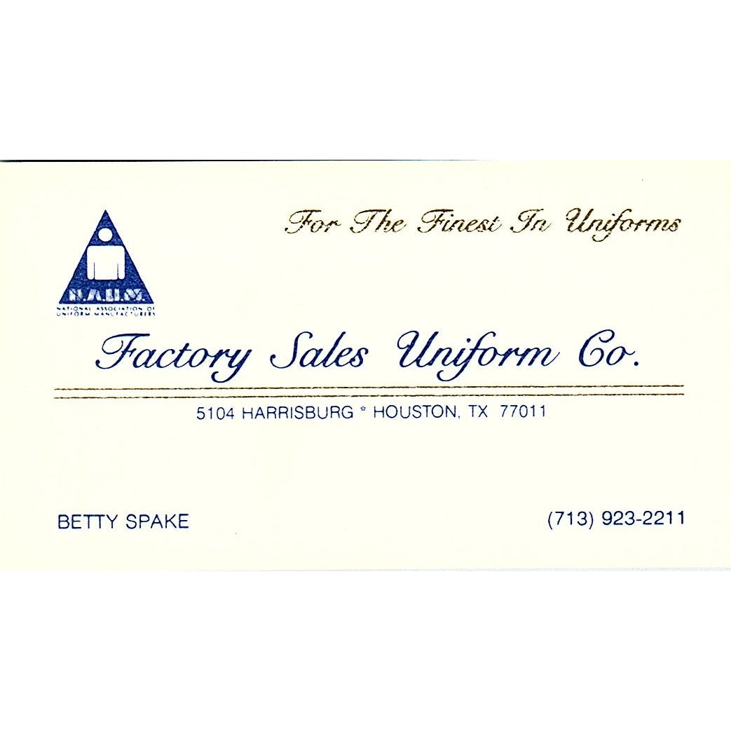 Betty Spake Factory Sales Uniform Co Houston Vintage Business Card SC9-B13