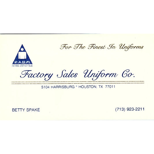 Betty Spake Factory Sales Uniform Co Houston Vintage Business Card SC9-B13