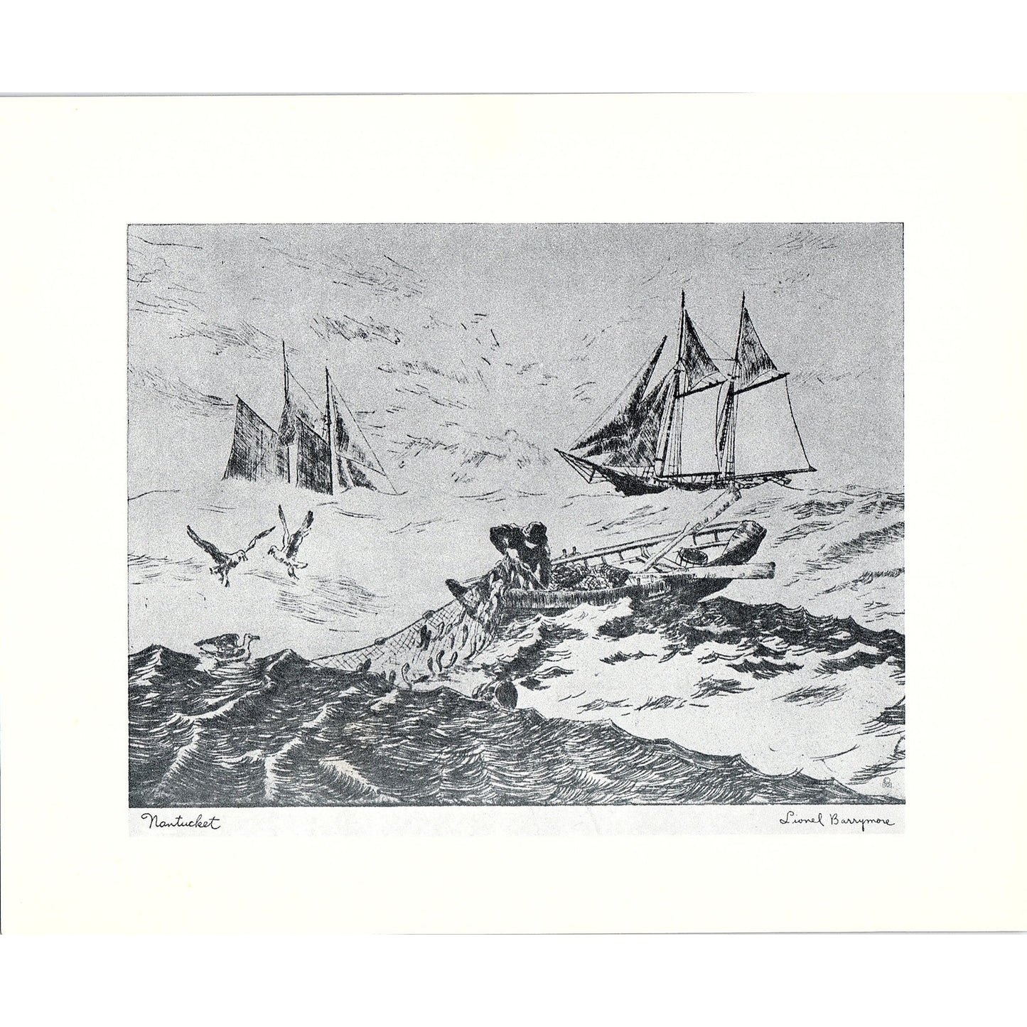 Lionel Barrymore "Nantucket" Sailing Etching Vintage Art Print 8x10 V6