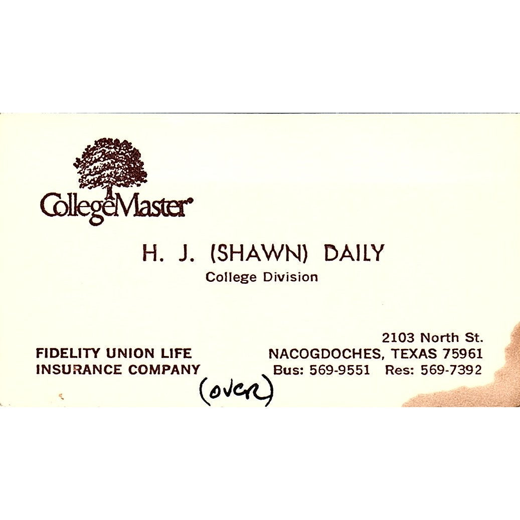 H.J. Shawn Daily College Master Nacogdoches TX Vintage Business Card SD9-B12