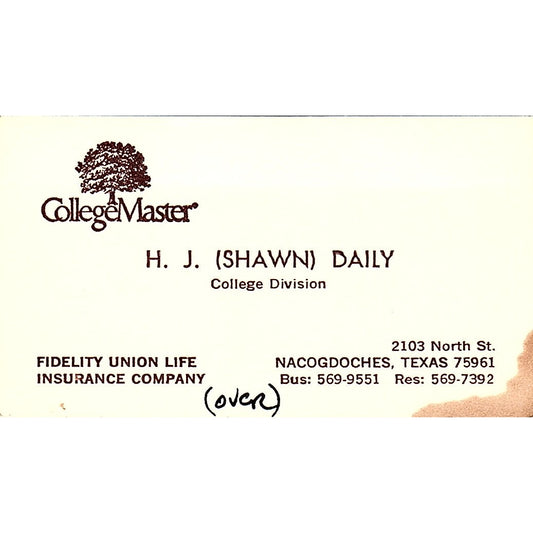 H.J. Shawn Daily College Master Nacogdoches TX Vintage Business Card SD9-B12