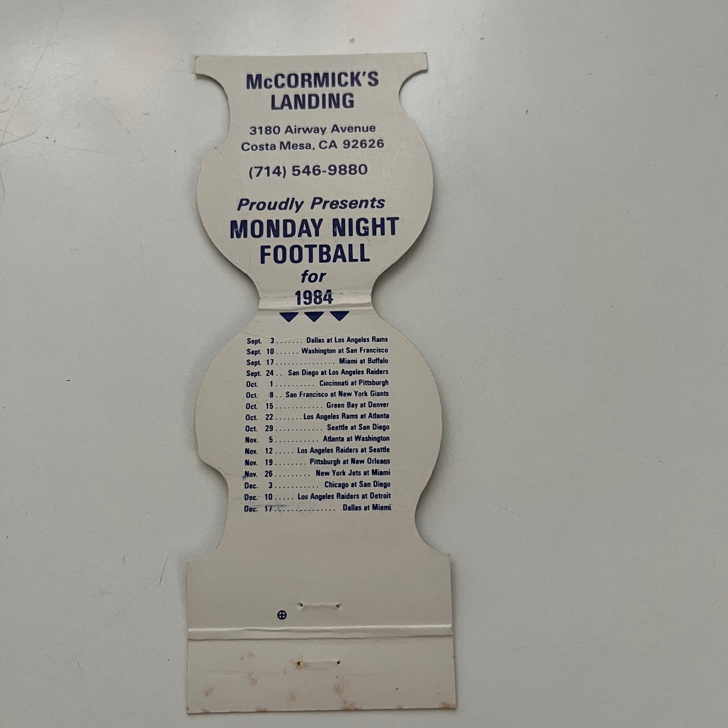 NFL Monday Night Football 1984 Schedule McCormick's Landing Matchbook MM6-6