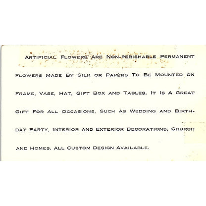 Sunflower House Artificial Flowers & Mail Order Loung I. TX Business Card SF3-B8