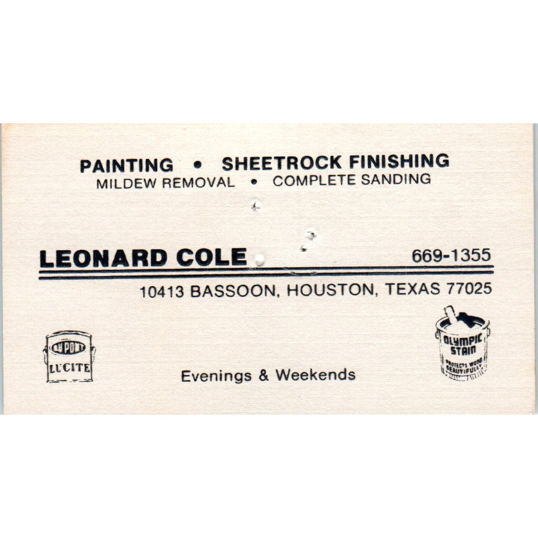 Leonard Cole Painting Sheetrock Houston TX Vintage Business Card SD8-B14