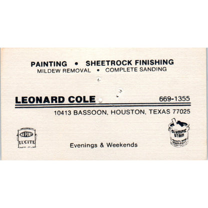 Leonard Cole Painting Sheetrock Houston TX Vintage Business Card SD8-B14