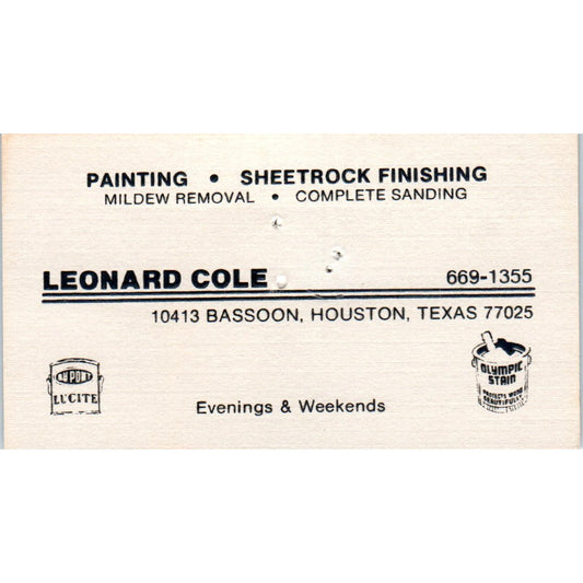 Leonard Cole Painting Sheetrock Houston TX Vintage Business Card SD8-B14