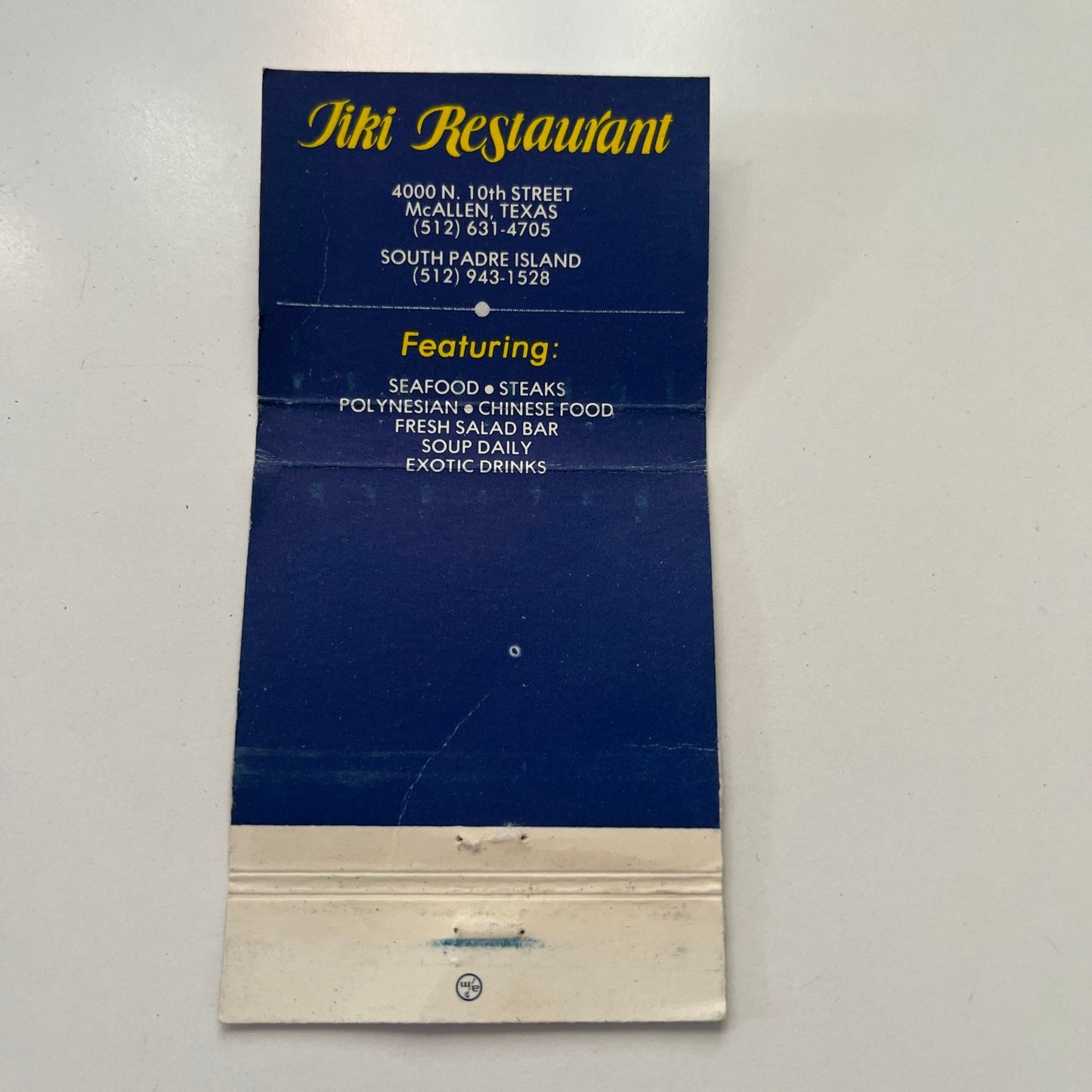 Tiki Restaurant McAllen-South Padre Island TX Vintage Matchbook Cover TB7-UMB5
