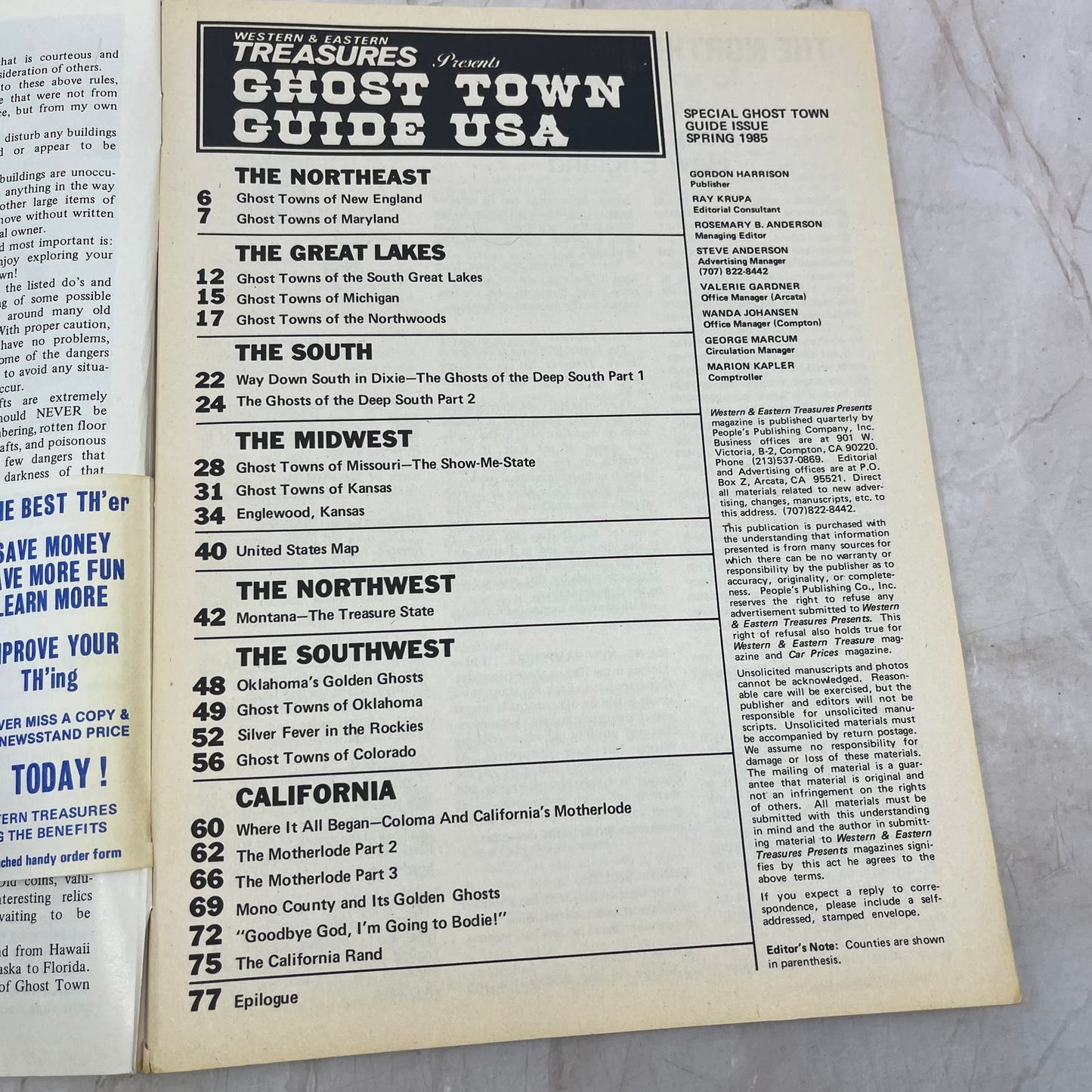 1985 Spring - Western & Eastern Treasures Ghost Town Guide USA M20