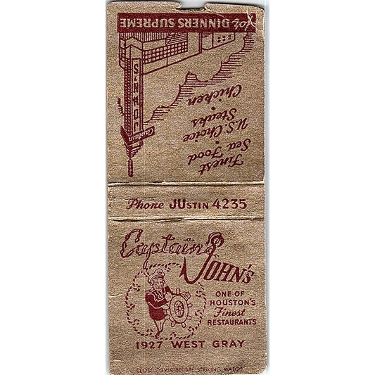Captain John's Restaurant Houston TX Vintage Matchbook Cover SF3-Y6