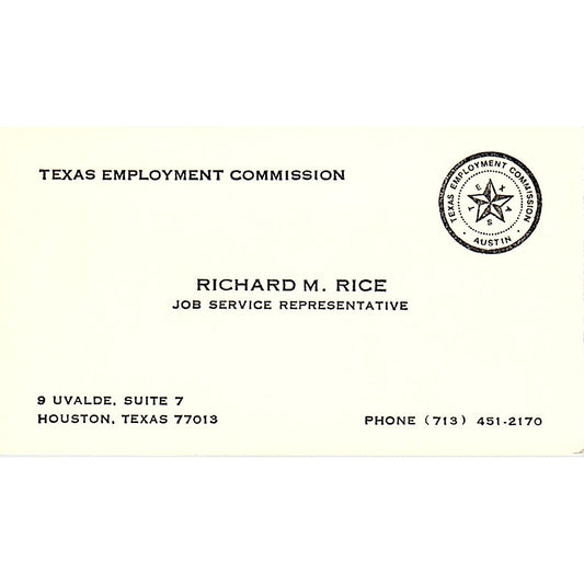 Texas Employment Commission Richard M. Rice Houston Texas Business Card SF3-B5