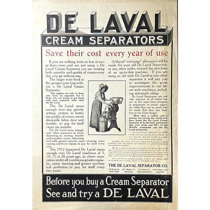 1912 De Laval Cream Separator Co Chicago NY Vintage Magazine Ad 11x15 V11