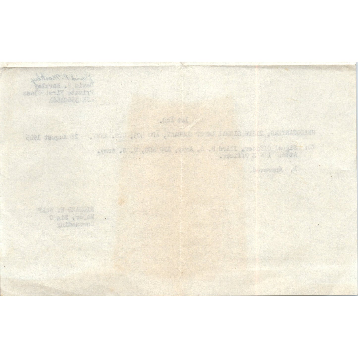 1945 WWII Era Letterhead Memo 216th Signal Depot Co APO 403 David R. Markley D18