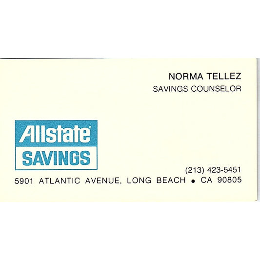 Allstate Savings Norma Tellez Long Beach CA  Vintage Business Card SB4-B10