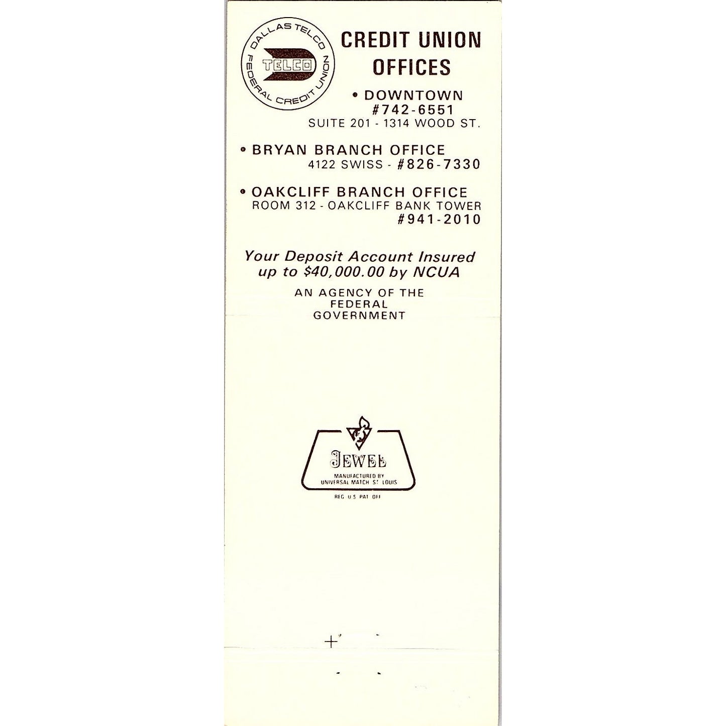 Dallas Telco Federal Credit Union Vintage Matchbook TB6-MB2-8