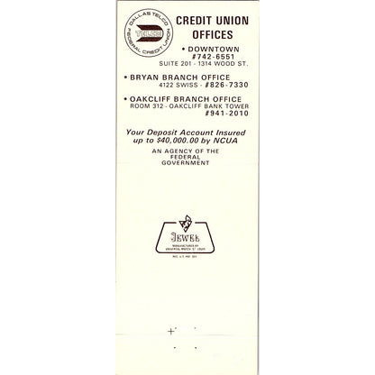 Dallas Telco Federal Credit Union Vintage Matchbook TB6-MB2-8