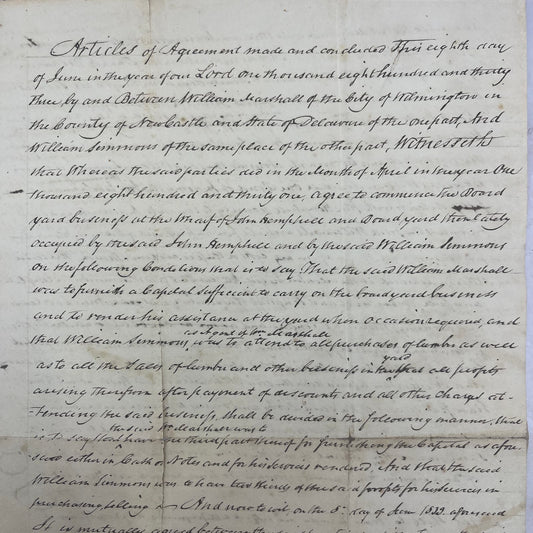 1833 Handwritten Contract William Marshall Wilmington DE & William Simmons AE6