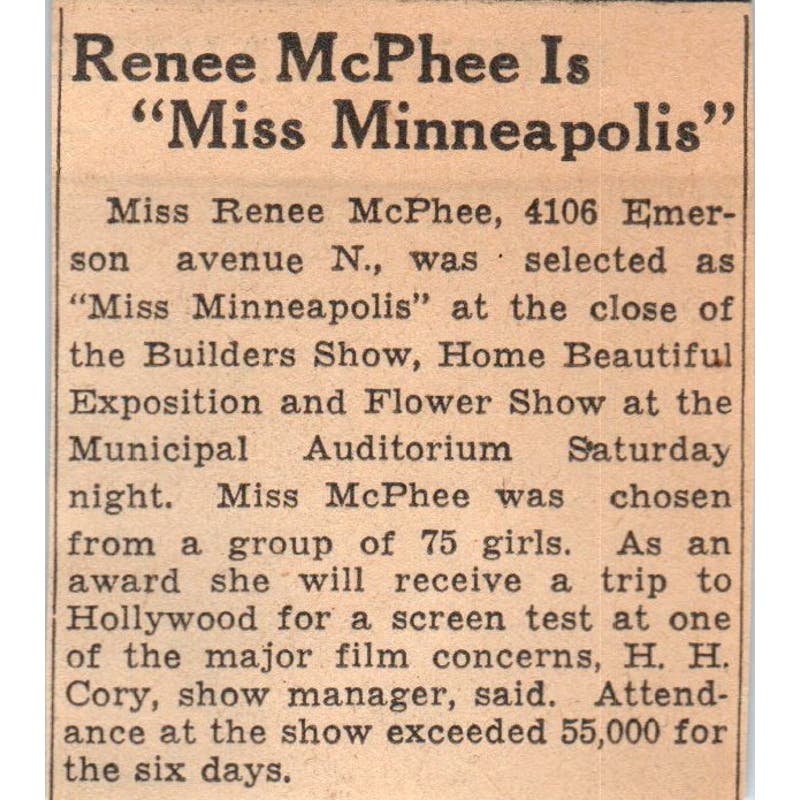 Renee McPhee is Miss Minneapolis 1935 Minneapolis Journal Article AE7-N6