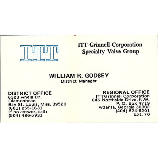 William R Godsey Atlanta GA ITT Grinnell Corp Vintage Business Card SE5-B1