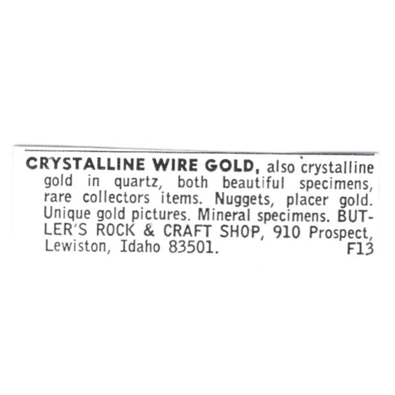 Butler's Rock & Craft Shop Crystalline Wire Gold Lewiston ID 1972 Ad AF8-S20