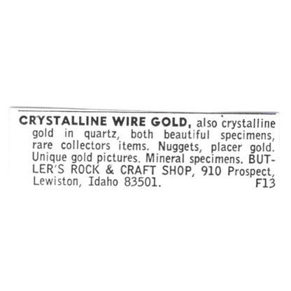 Butler's Rock & Craft Shop Crystalline Wire Gold Lewiston ID 1972 Ad AF8-S20