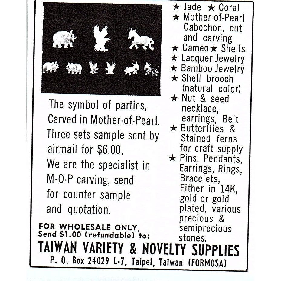 Taiwan Variety & Novelty Supplies Carved Mother-of-Pearl Taipei 1972 Ad AF8-M1