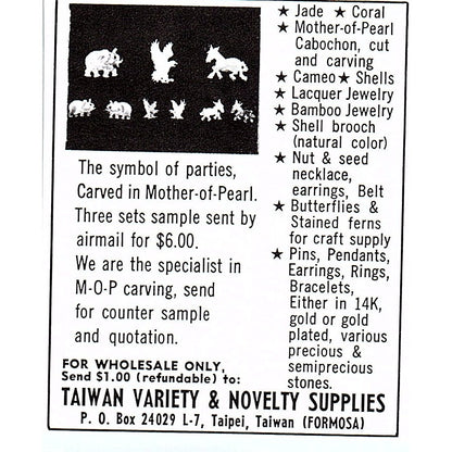 Taiwan Variety & Novelty Supplies Carved Mother-of-Pearl Taipei 1972 Ad AF8-M1