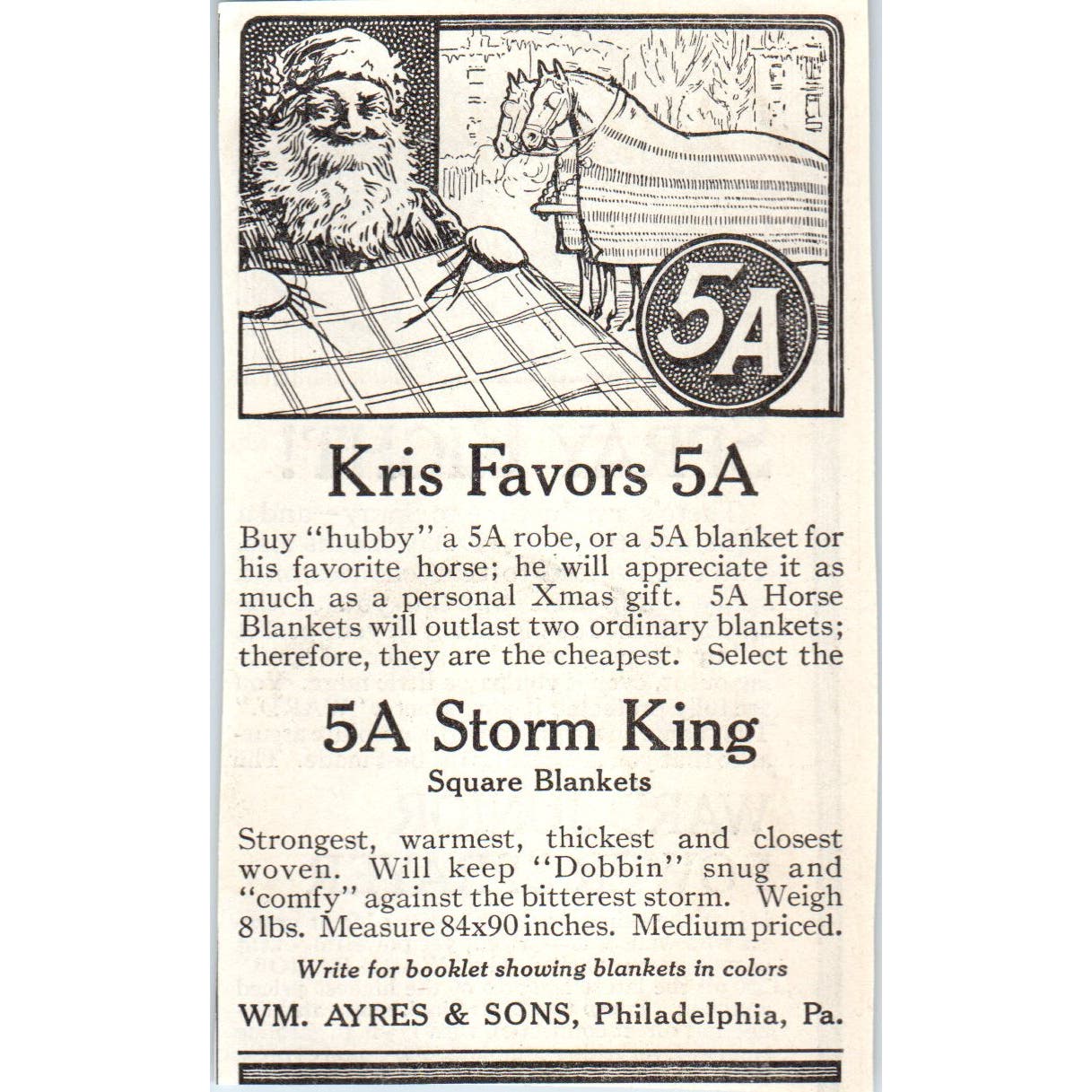 Wm. Ayres & Sons Blankets Santa Kris Kringle 1913 Magazine Advertisement AE7-N7
