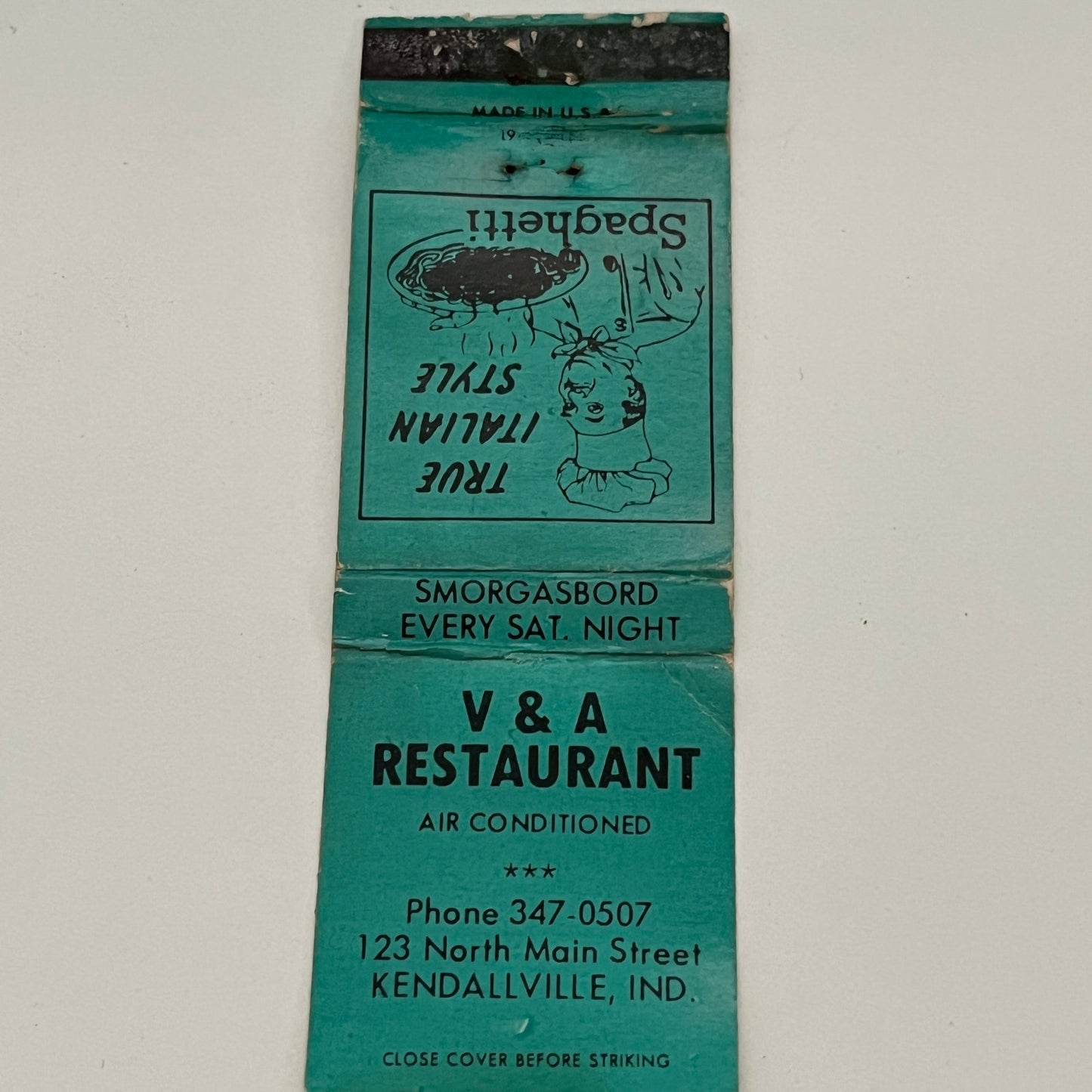 V&A Restaurant Kendallville Indiana Vintage Matchbook TB6-MB2-14